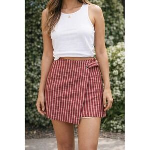 Entro Red Ivory Striped Asymmetrical Wrap Mini Skirt Grommet L coastal bohemian